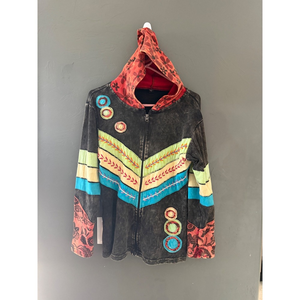 Nepal Cotton Boho Patchwork Zip Up Hoodie Artsy Hippie Embroidered Small